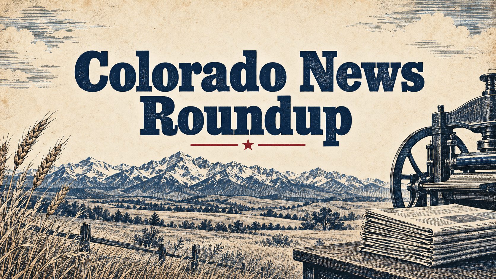 Colorado News Roundup with an illustrated Colorado mountain landscape, wheat, newspapers, and a vintage printing press.