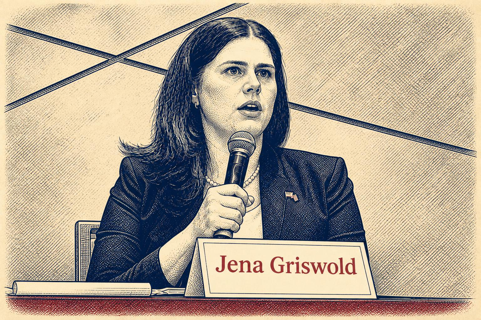 Colorado Secretary of State Jena Griswold in a vintage-print news style.