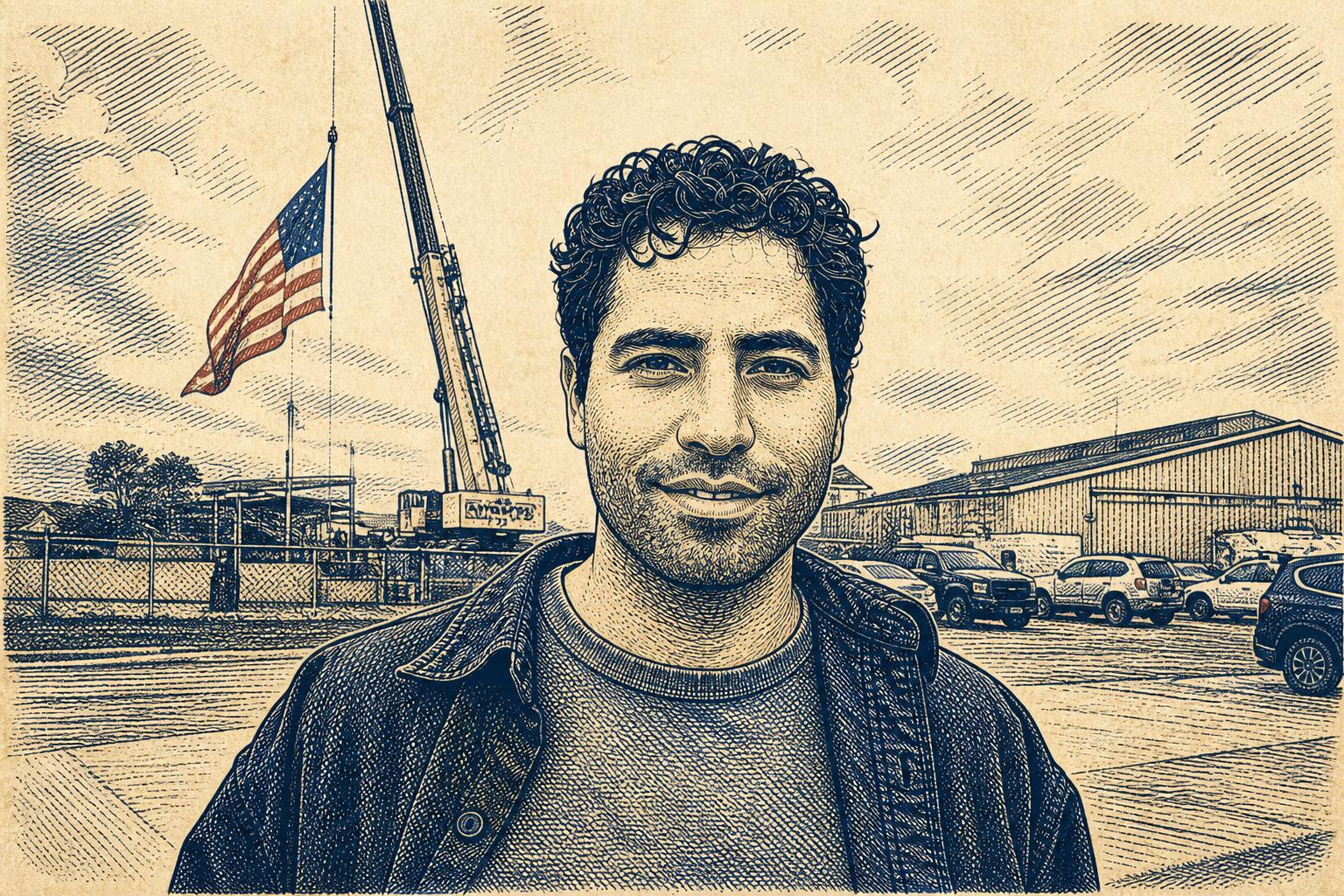 Manny Rutinel speaking outdoors at a Labor Rising barbecue in Castle Rock, rendered in a vintage Colorado newsprint style.