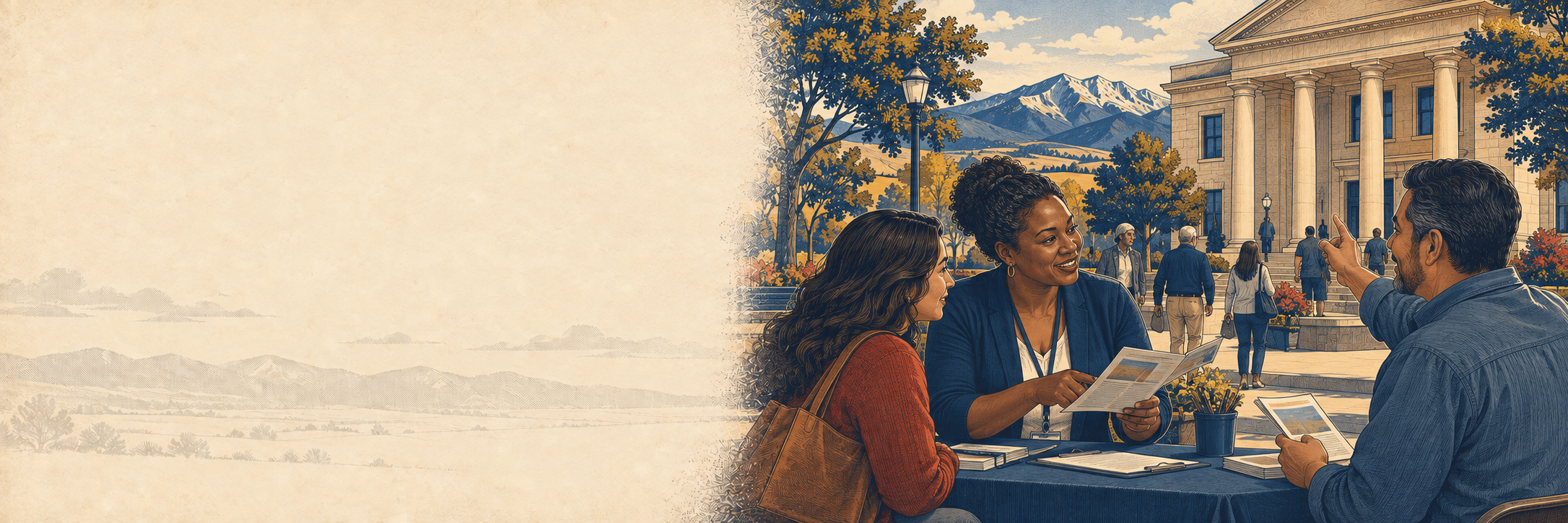 Neighbors connecting at a public information table outside a Colorado civic building, in a vintage navy and parchment illustration.