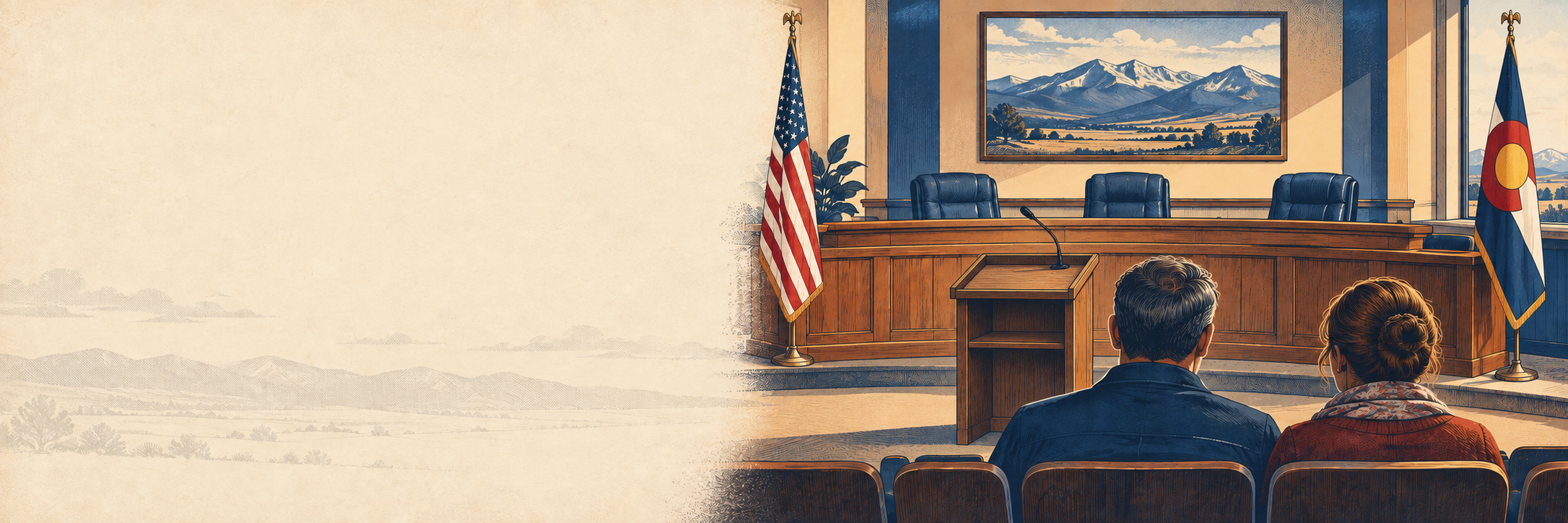 Illustrated public meeting chamber with a lectern facing the dais, the U.S. flag on the left and Colorado flag on the right.