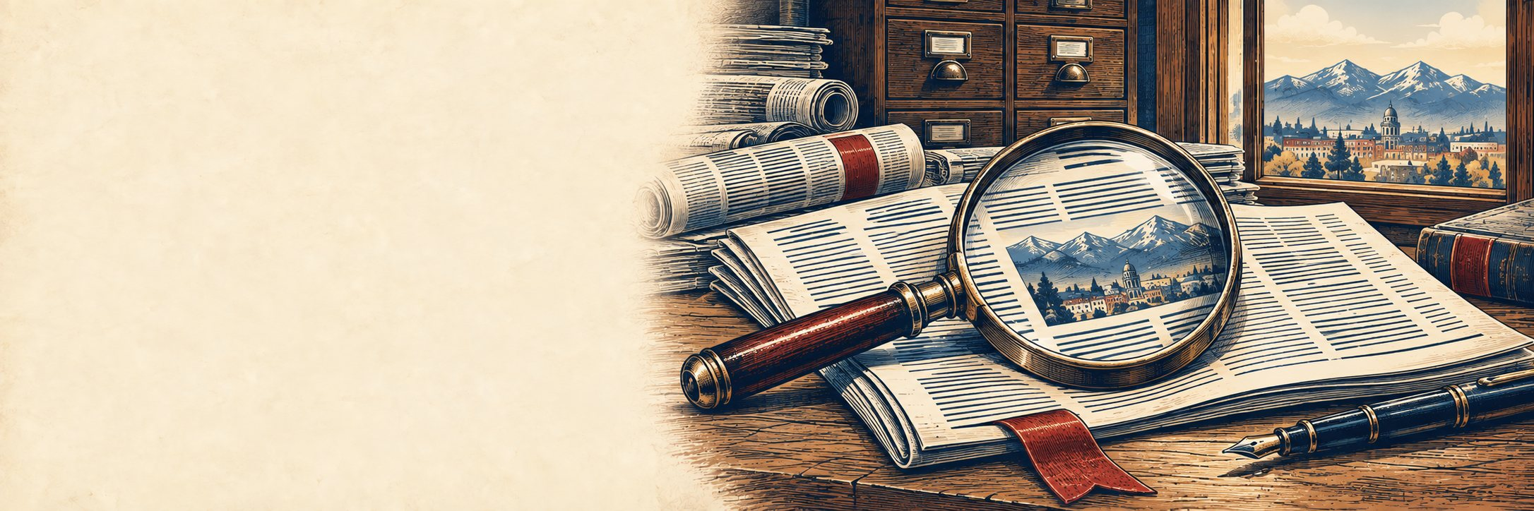 An illustrated magnifying glass over newspapers beside an archive cabinet, with Colorado mountains in the background.