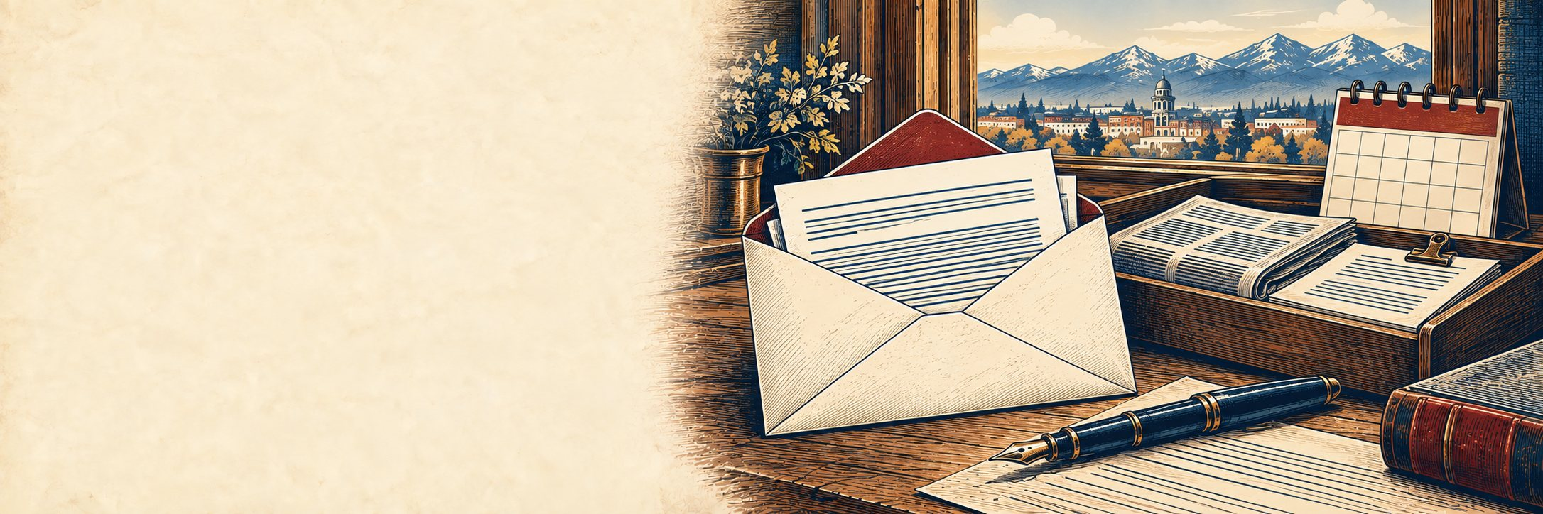 An illustrated envelope, newspaper, calendar, and meeting papers on an editor’s desk overlooking Colorado mountains.