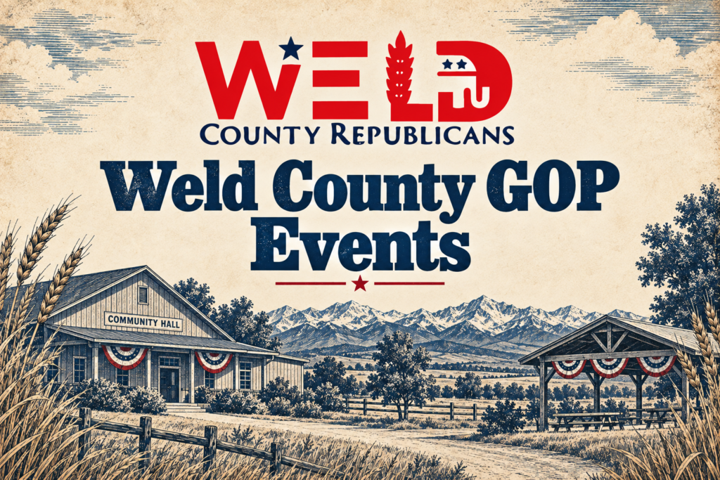 Weld County GOP Events with the Weld County Republicans logo, Colorado mountains, and an illustrated community hall.